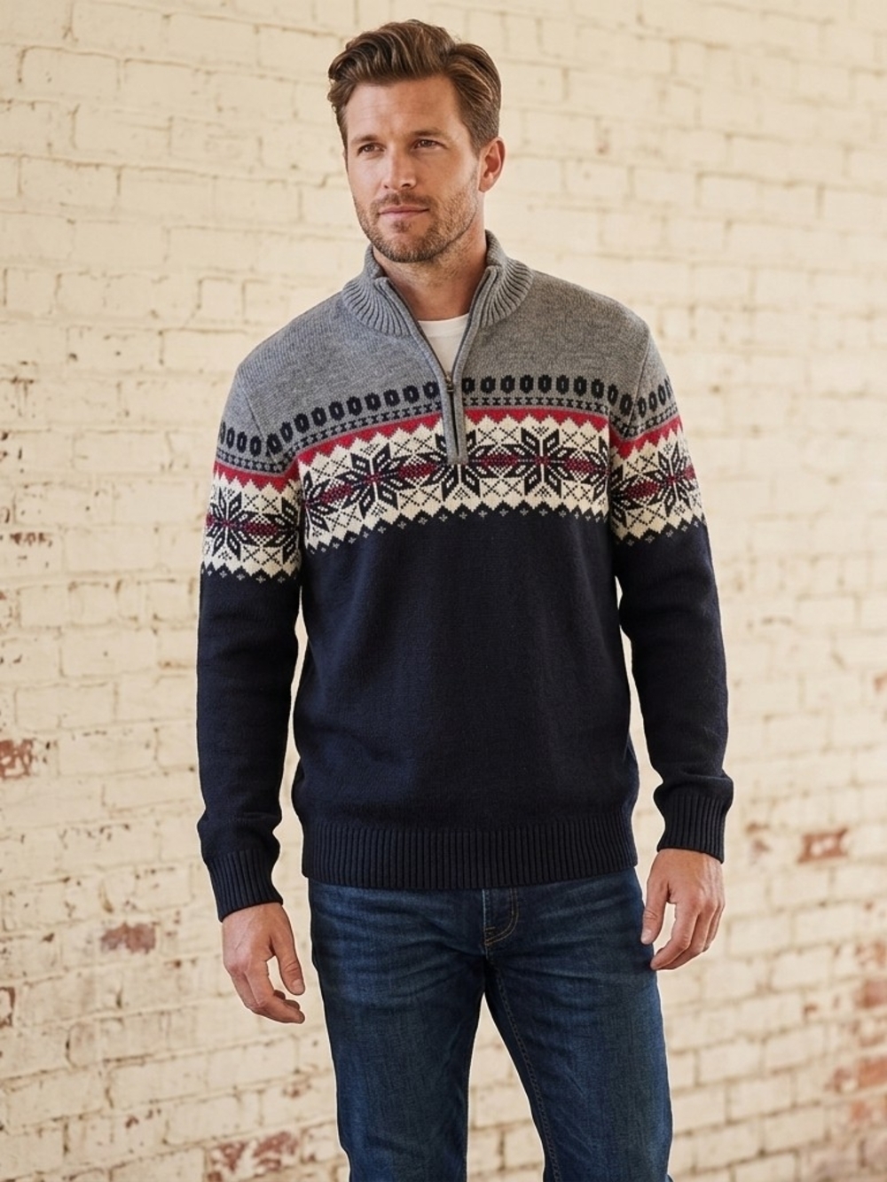 Weatherproof Men's Black, Gray & Red Zip-Up Fair Isle Sweater Size XL